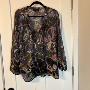 Melissa Paige Paisley Chiffon Blouse XL Sheer Boho Tassel Tie Top Grey Multi